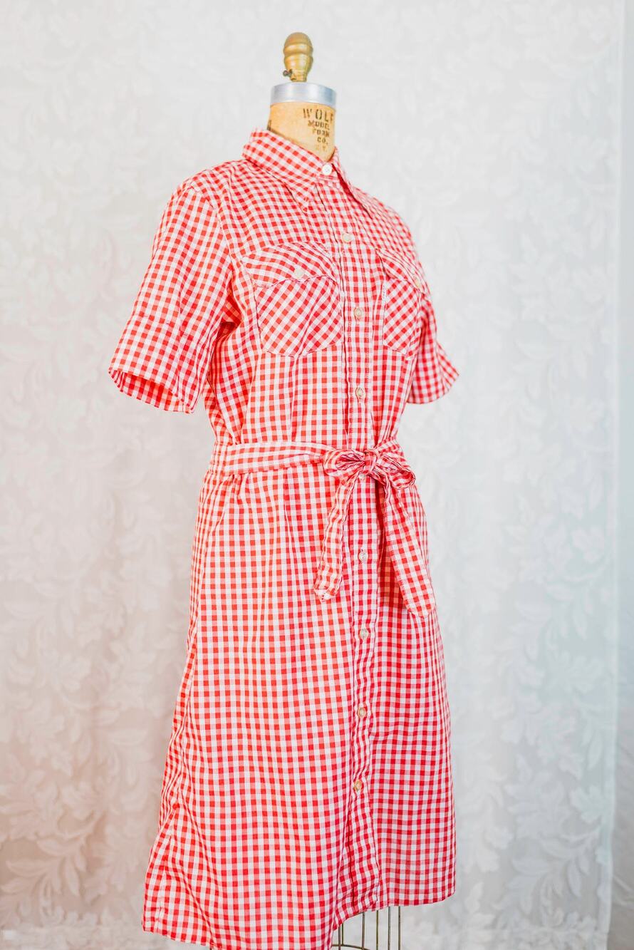 Vintage 1970s Levi’s Red Gingham Midi Dress, 70s Western Shirtwaist Cottage, Med
